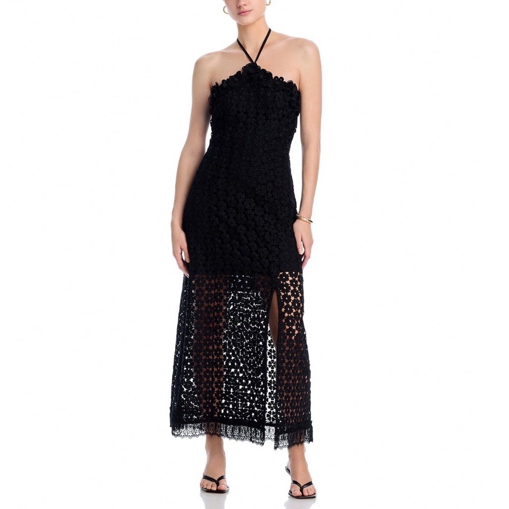Waimari Celestina Floral Embroidered Halter Maxi Dress Black XS